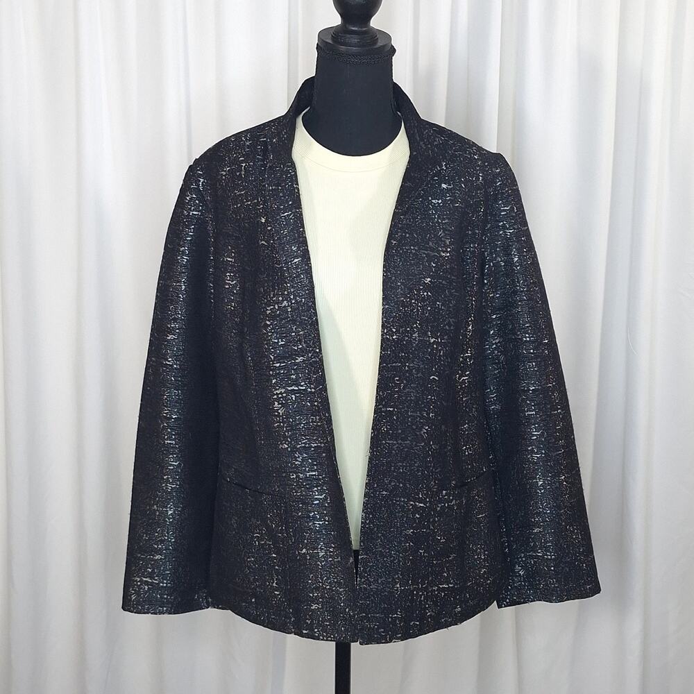 Chico's 2 Black Metallic Open Front Jacket Blazer L/12 Textured Pockets Office